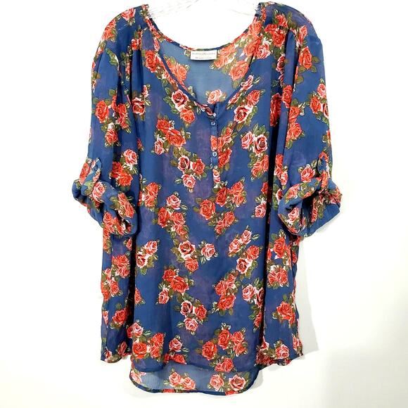 Bobbie Brooks Women's 3X Sheer Floral Flowy Tunic Blouse 3/4 Button Sleeve - Picture 1 of 12
